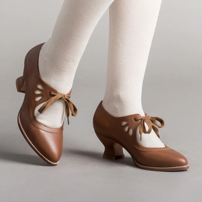 Women's Vintage Lace-Up Leather Heels